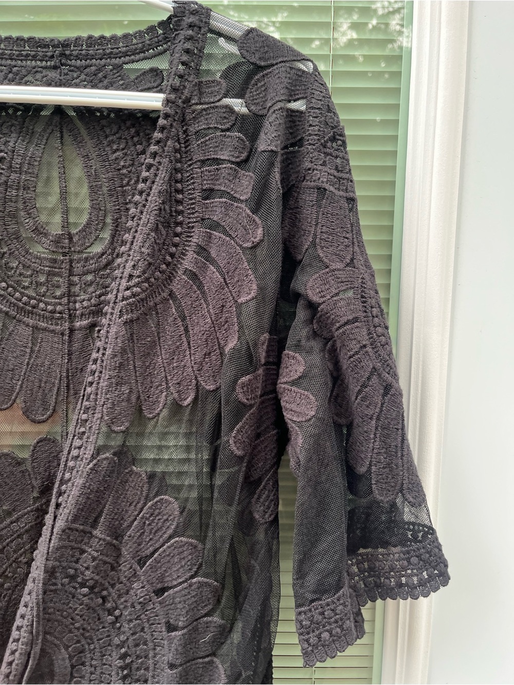 Black Boho Embroidered Lace Sheer Mesh Kimono Duster / Swim Beach Cover Up - Picture 6 of 8